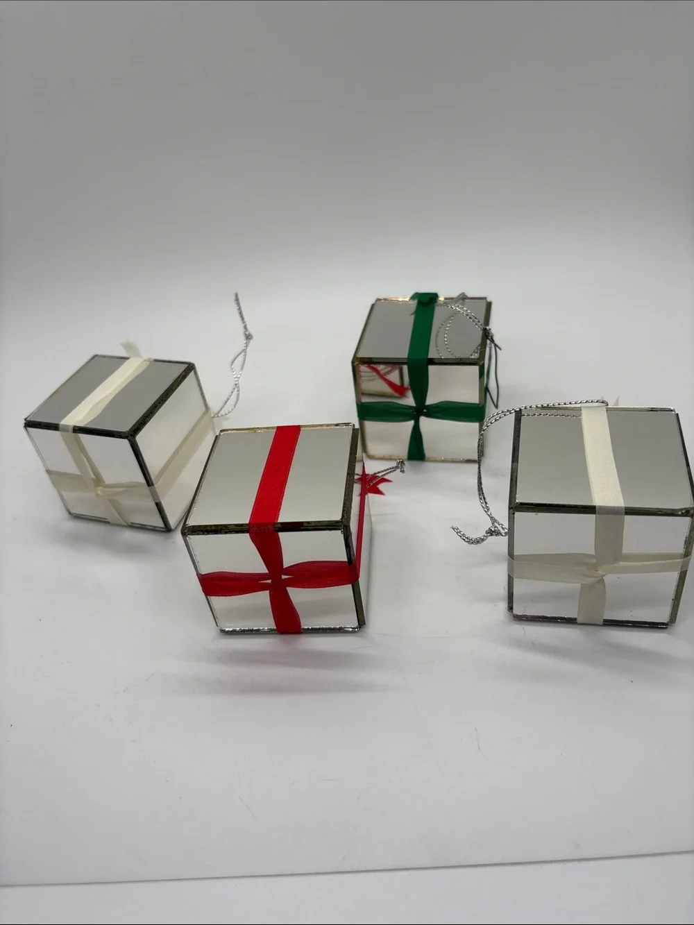 Mirrored Glass Gift Box Ornament with Red, Green, VTG